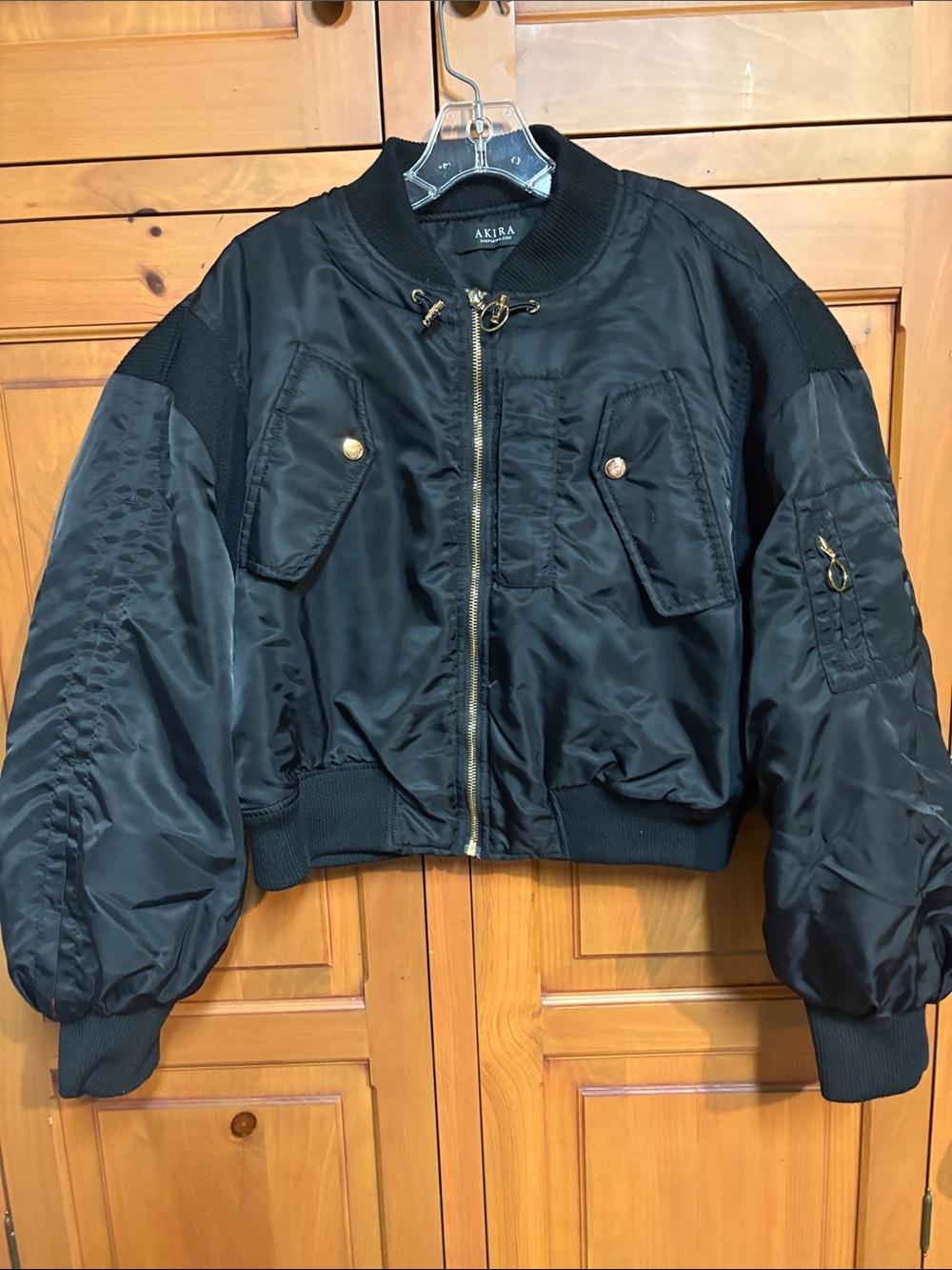 AKIRA Black Bomber Jacket with Gold Hardware Accents
